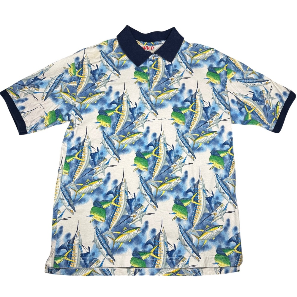 Vingate 90s Wild Gear Don Ray Fishing Polo Shirt Mens Large AOP Marlin Mahi Tuna